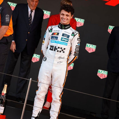 Lando Norris 2025 fan race suit, presented with detailed logo placement along the arms and legs. Perfect grand prix attire for fans who want a race-ready look at the circuit or at home.