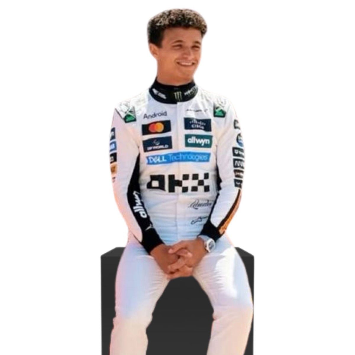 Lando Norris Monaco Grand Prix 2025 Racing Costume Replica in McLaren race styling, revealing the flexible elastic panel and tailored motorsport fit. A standout motorsport cosplay outfit and gift for any fan, karter or collector.