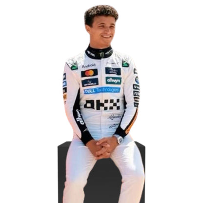 Lando Norris Monaco Grand Prix 2025 Racing Costume Replica in McLaren race styling, revealing the flexible elastic panel and tailored motorsport fit. A standout motorsport cosplay outfit and gift for any fan, karter or collector.