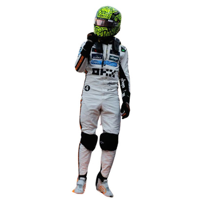 Printed McLaren 2025 racing outfit for Lando Norris fans, capturing the smooth Cordura outer shell and clean printed finish. An eye-catching cosplay outfit for watch parties, track days and motorsport meetups.