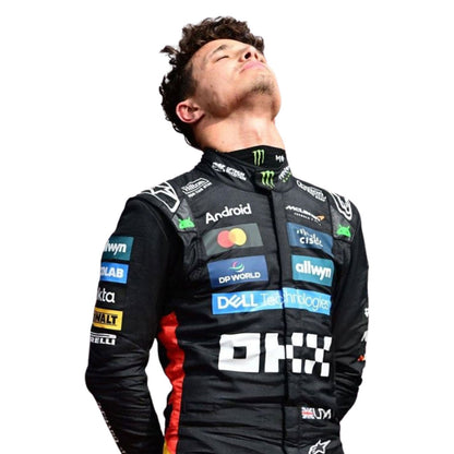 Lando Norris 2025 British GP racing costume, highlighting bold colour blocking and crisp sublimated artwork. Ideal F1 fan attire for supporters who want to wear the spirit of the grid on race day.