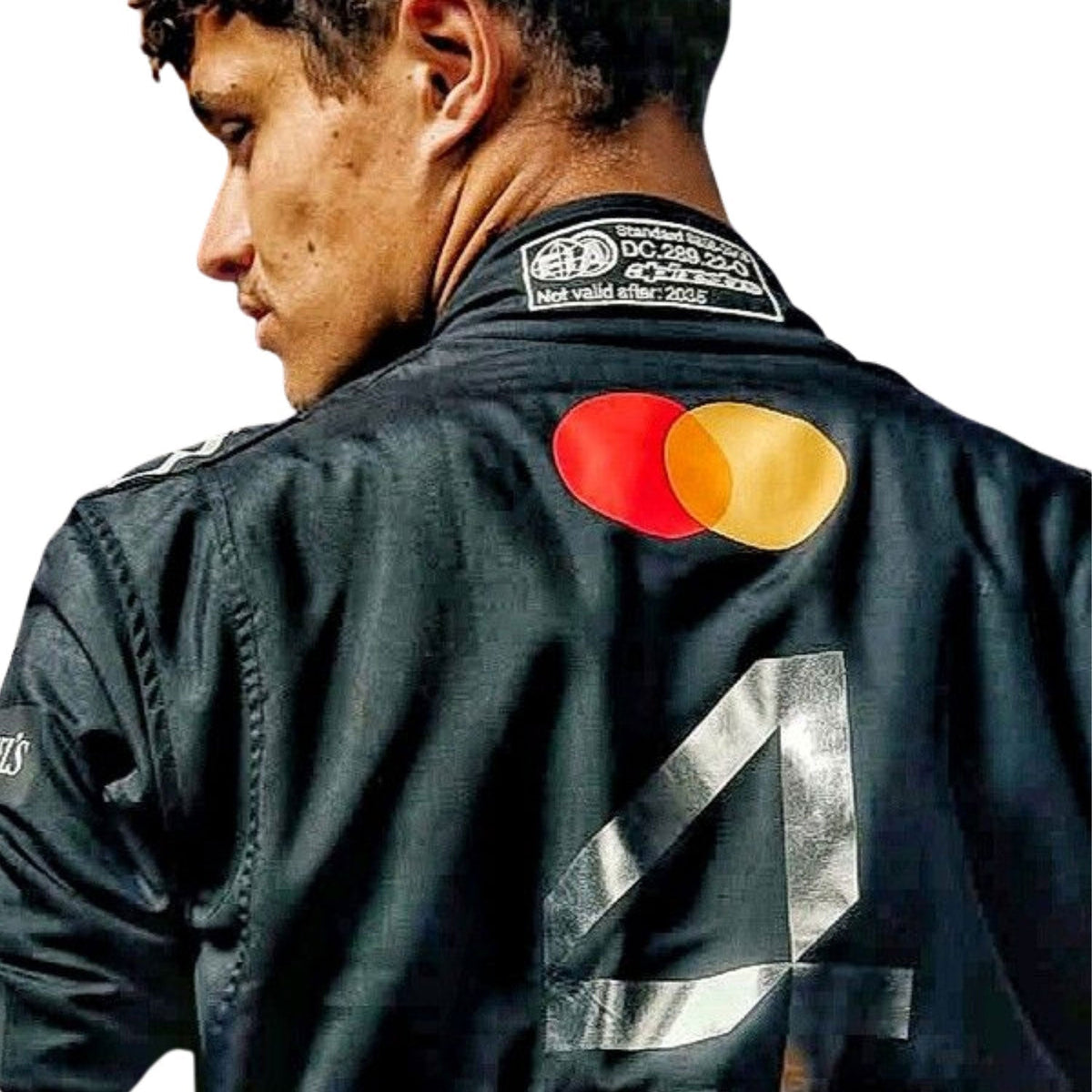 McLaren race suit worn in Lando Norris style, displaying the fitted one-piece cut with elasticated cuffs and a soft collar. A head-turning cosplay outfit for F1 conventions, parties and race day meetups.