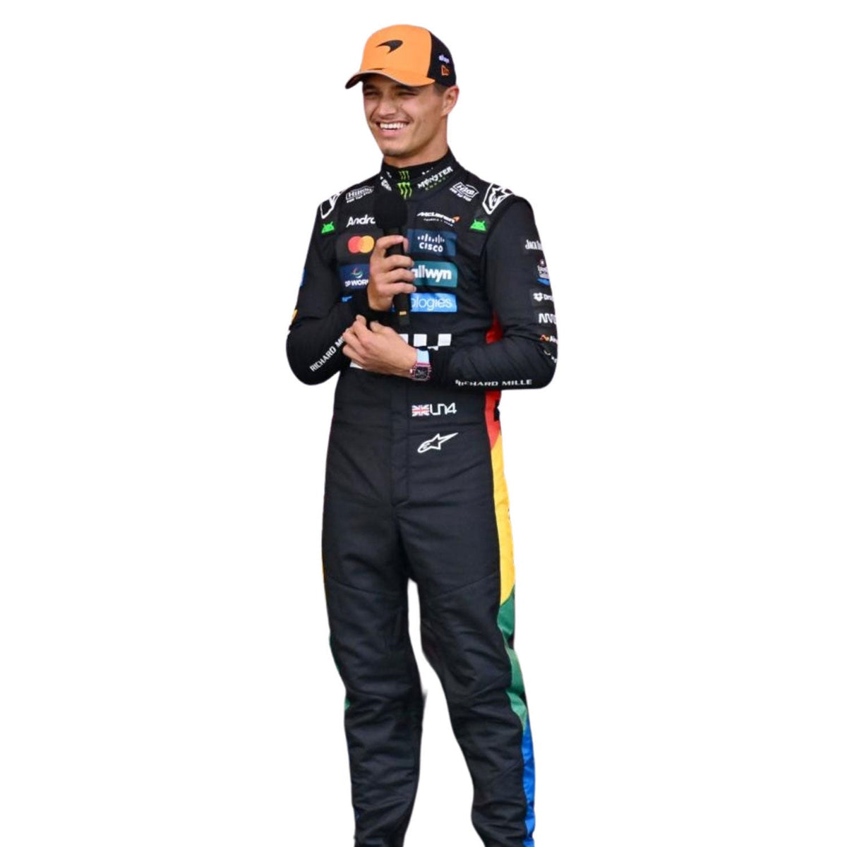2025 British GP Replica Racing Costume Lando Norris in McLaren race styling, capturing the smooth Cordura outer shell and clean printed finish. A bold motorsport jumpsuit that makes a great cosplay outfit on grand prix weekend.