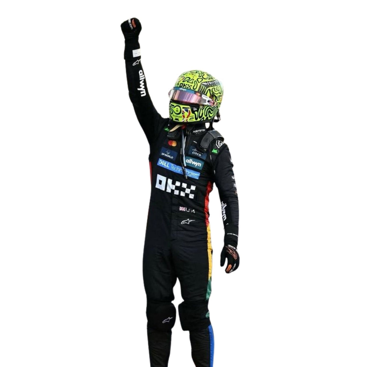 Lando Norris 2025 fan race suit, presented with detailed logo placement along the arms and legs. A comfortable racing jumpsuit for F1 fans, kart track days and themed parties.
