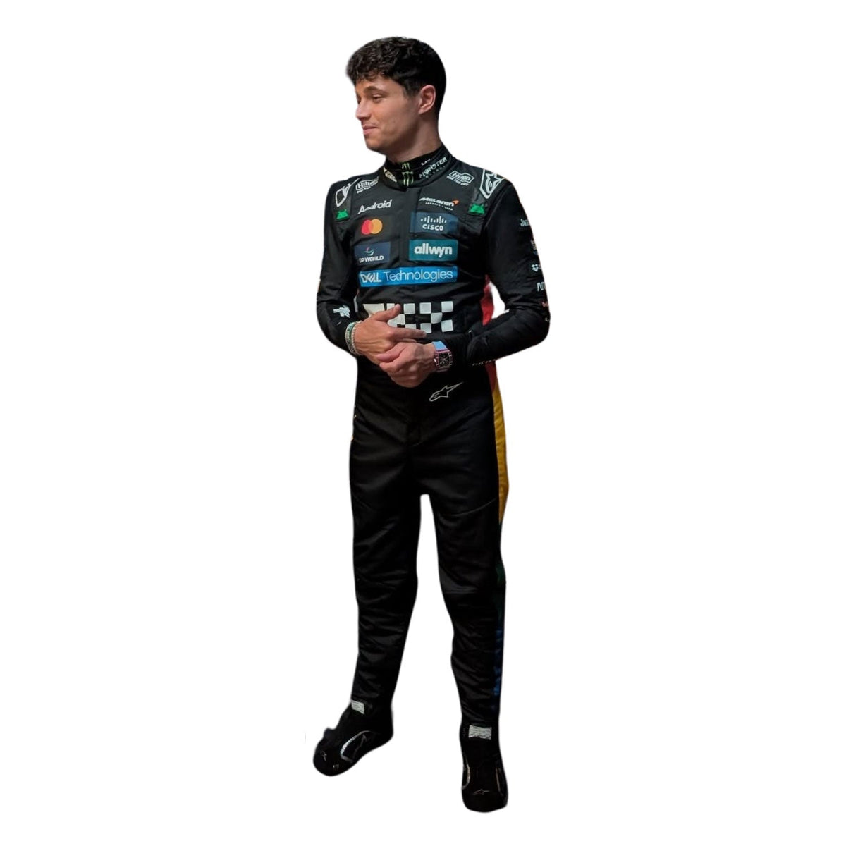 Lando Norris 2025 British GP grand prix suit, showing sharp sponsor-style graphics across the chest and sleeves. Stylish race day attire made for race weekends, kart track days and cosplay events alike.