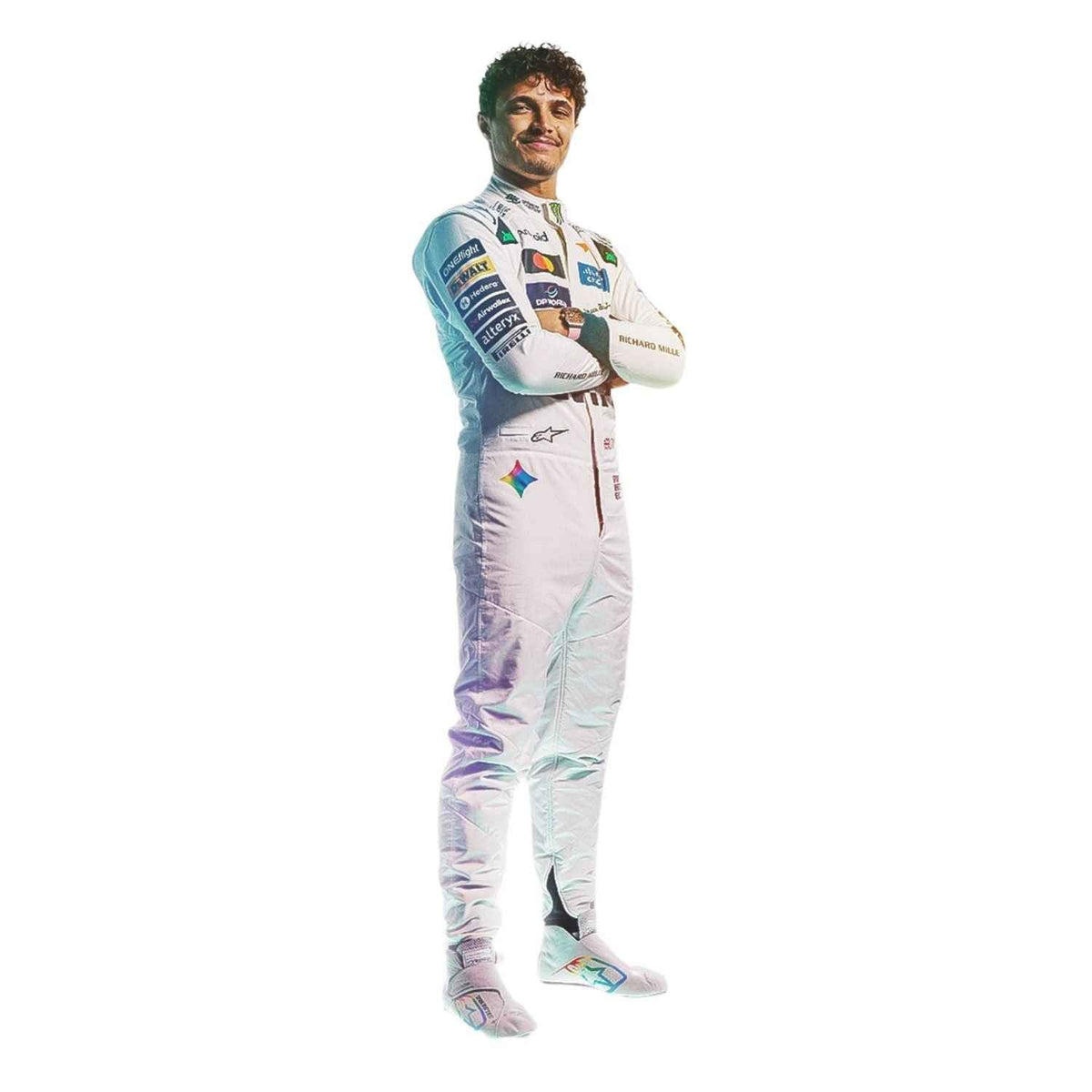 Lando Norris 2026 British GP racing costume, shown as a complete two-layer racing costume ready for fans and karters. A bold motorsport jumpsuit that makes a great cosplay outfit on grand prix weekend.