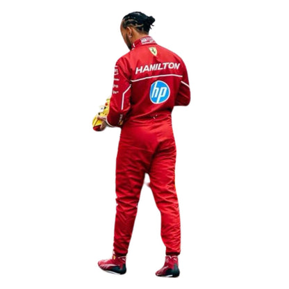 Lewis Hamilton 2025 fan race suit, showing sharp sponsor-style graphics across the chest and sleeves. Perfect grand prix attire for fans who want a race-ready look at the circuit or at home.