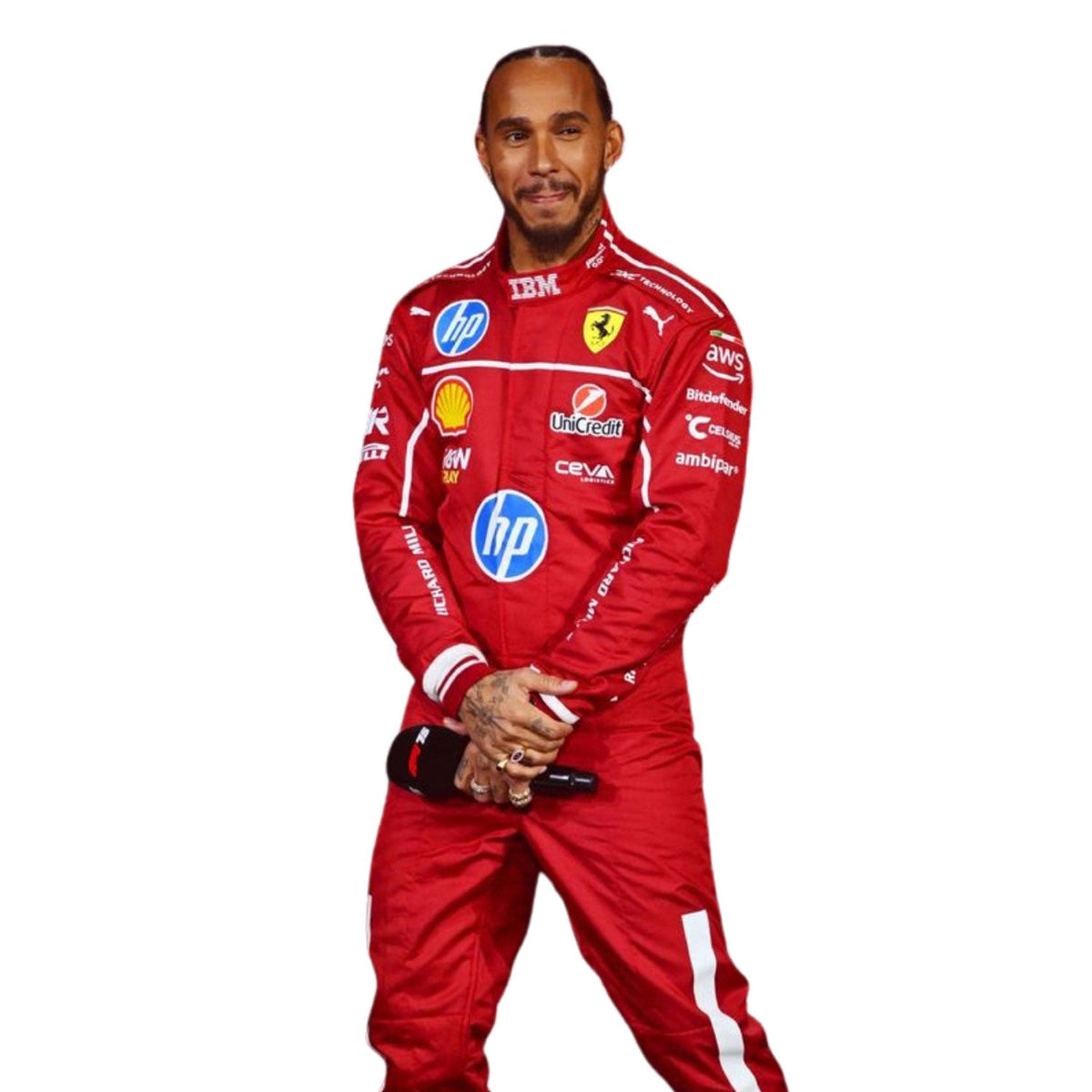 Ferrari race suit worn in Lewis Hamilton style, capturing the smooth Cordura outer shell and clean printed finish. A great F1 cosplay outfit for fans heading to a grand prix, a karting session or a themed party.