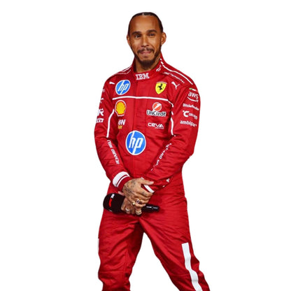 Ferrari race suit worn in Lewis Hamilton style, capturing the smooth Cordura outer shell and clean printed finish. A great F1 cosplay outfit for fans heading to a grand prix, a karting session or a themed party.