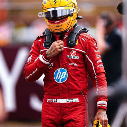 Printed Ferrari 2025 racing outfit for Lewis Hamilton fans, with vivid printed detailing that stays true to the grand prix design. Ideal F1 fan attire for supporters who want to wear the spirit of the grid on race day.