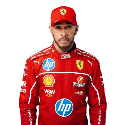 Ferrari race suit worn in Lewis Hamilton style, showcasing the full-length zip, shoulder epaulettes and race-day silhouette. Stylish race day attire made for race weekends, kart track days and cosplay events alike.