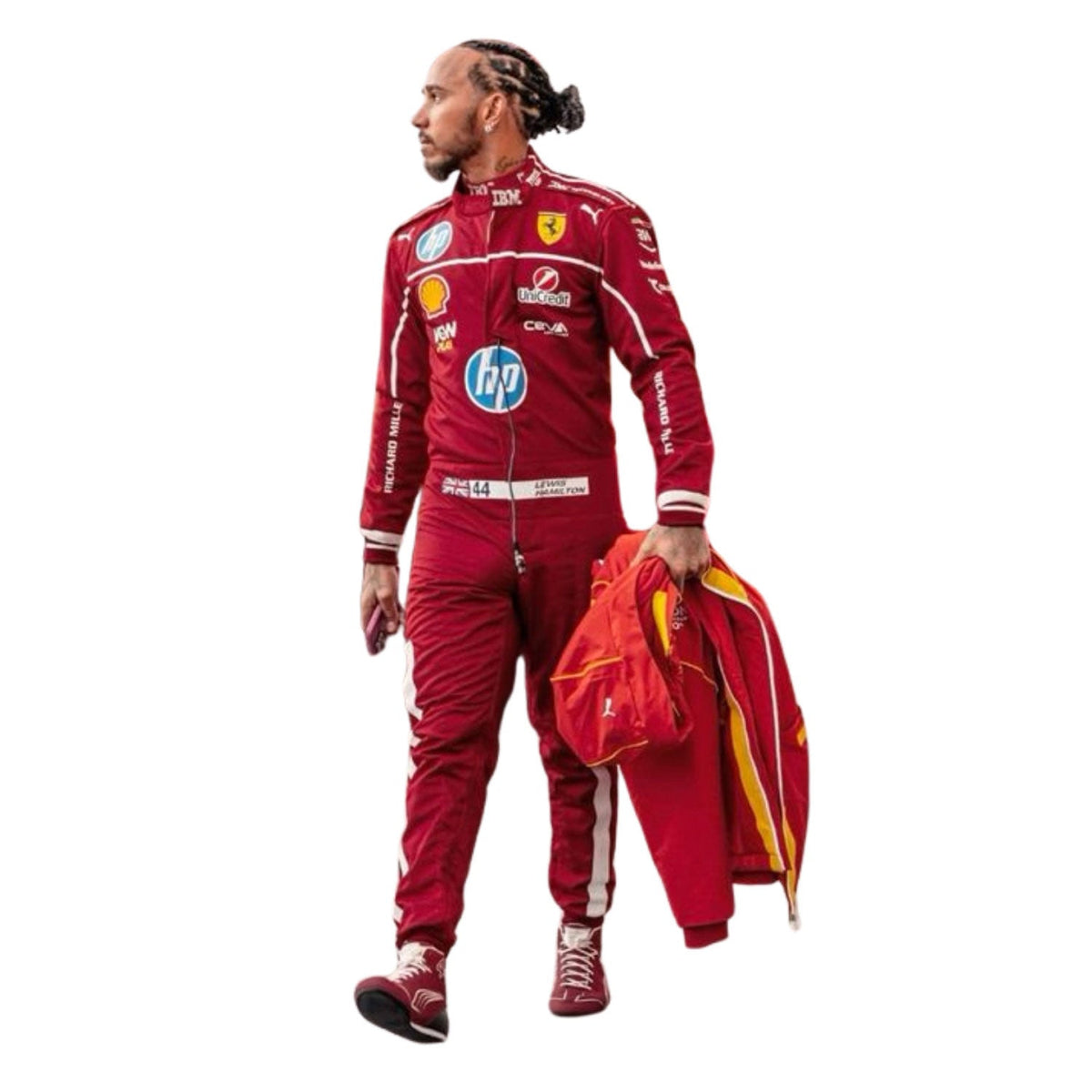 Printed Ferrari 2025 racing outfit for Lewis Hamilton fans, laid out to show the printed racing number, belt panel and stretch inserts. Racing attire built to turn heads in the grandstand, at the kart track or at a costume event.