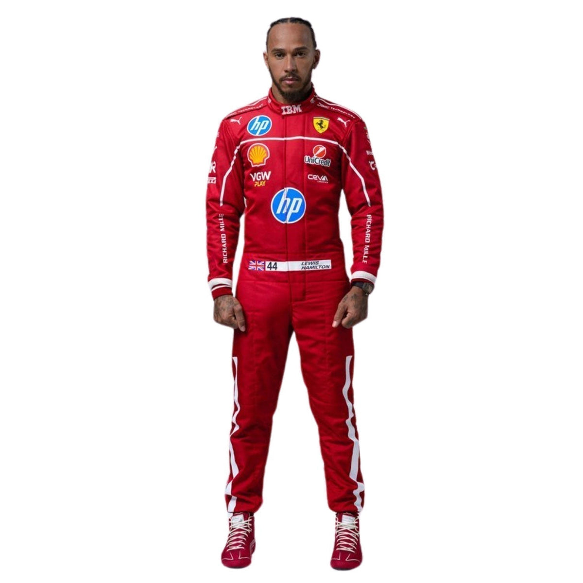 Race Suit Lewis Hamilton F1 2025 Season in Ferrari race styling, shown as a complete two-layer racing costume ready for fans and karters. A comfortable racing jumpsuit for F1 fans, kart track days and themed parties.