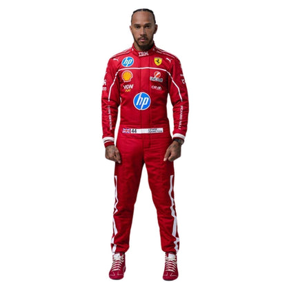 Race Suit Lewis Hamilton F1 2025 Season in Ferrari race styling, shown as a complete two-layer racing costume ready for fans and karters. A comfortable racing jumpsuit for F1 fans, kart track days and themed parties.