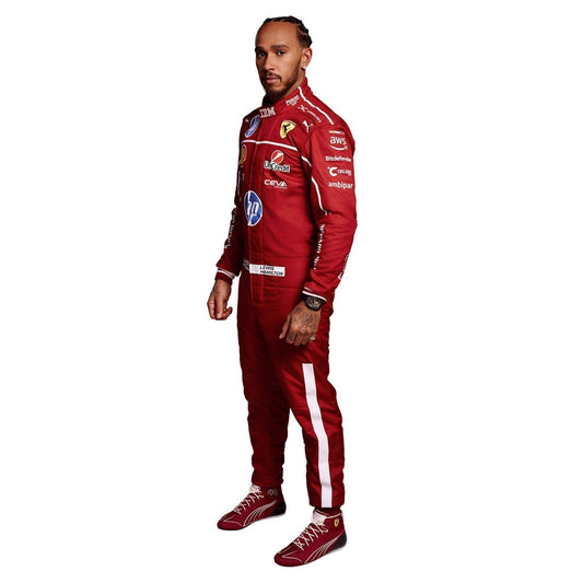 Lewis Hamilton inspired motorsport jumpsuit, displaying the fitted one-piece cut with elasticated cuffs and a soft collar. Stylish racing attire for fans who want to dress like the grid on grand prix weekend.
