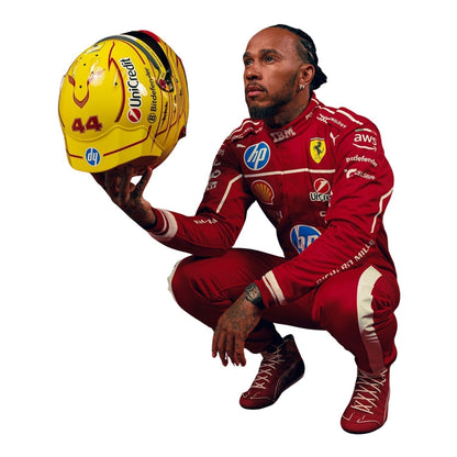 Lewis Hamilton 2025 fan race suit, revealing the flexible elastic panel and tailored motorsport fit. An eye-catching cosplay outfit for watch parties, track days and motorsport meetups.