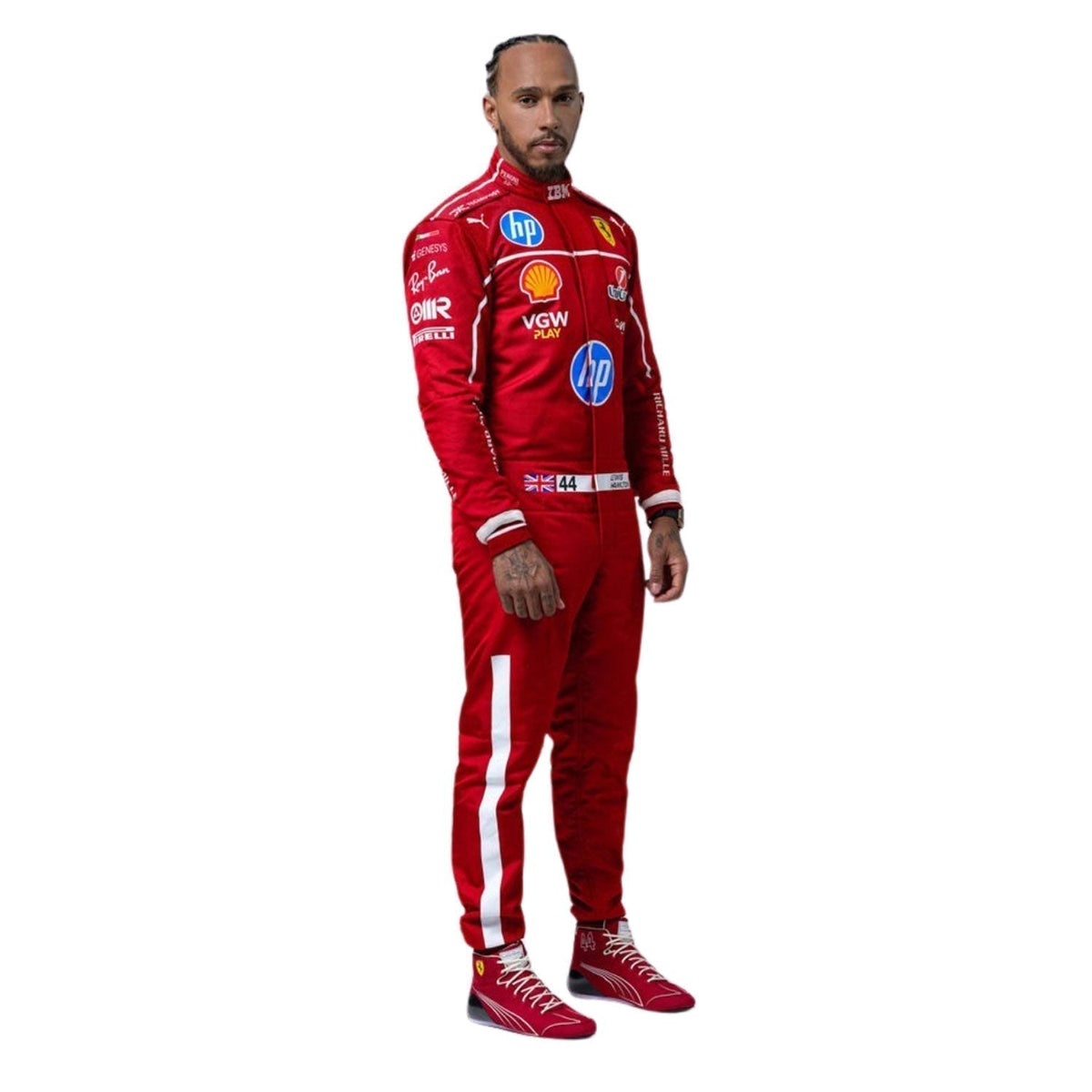 Lewis Hamilton 2025 season racing costume, presented with detailed logo placement along the arms and legs. A bold motorsport jumpsuit that makes a great cosplay outfit on grand prix weekend.