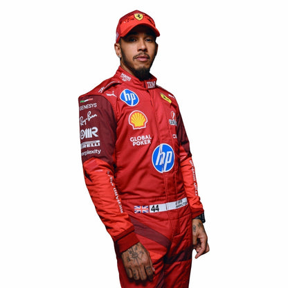 Ferrari race suit worn in Lewis Hamilton style, showing sharp sponsor-style graphics across the chest and sleeves. An eye-catching cosplay outfit for watch parties, track days and motorsport meetups.