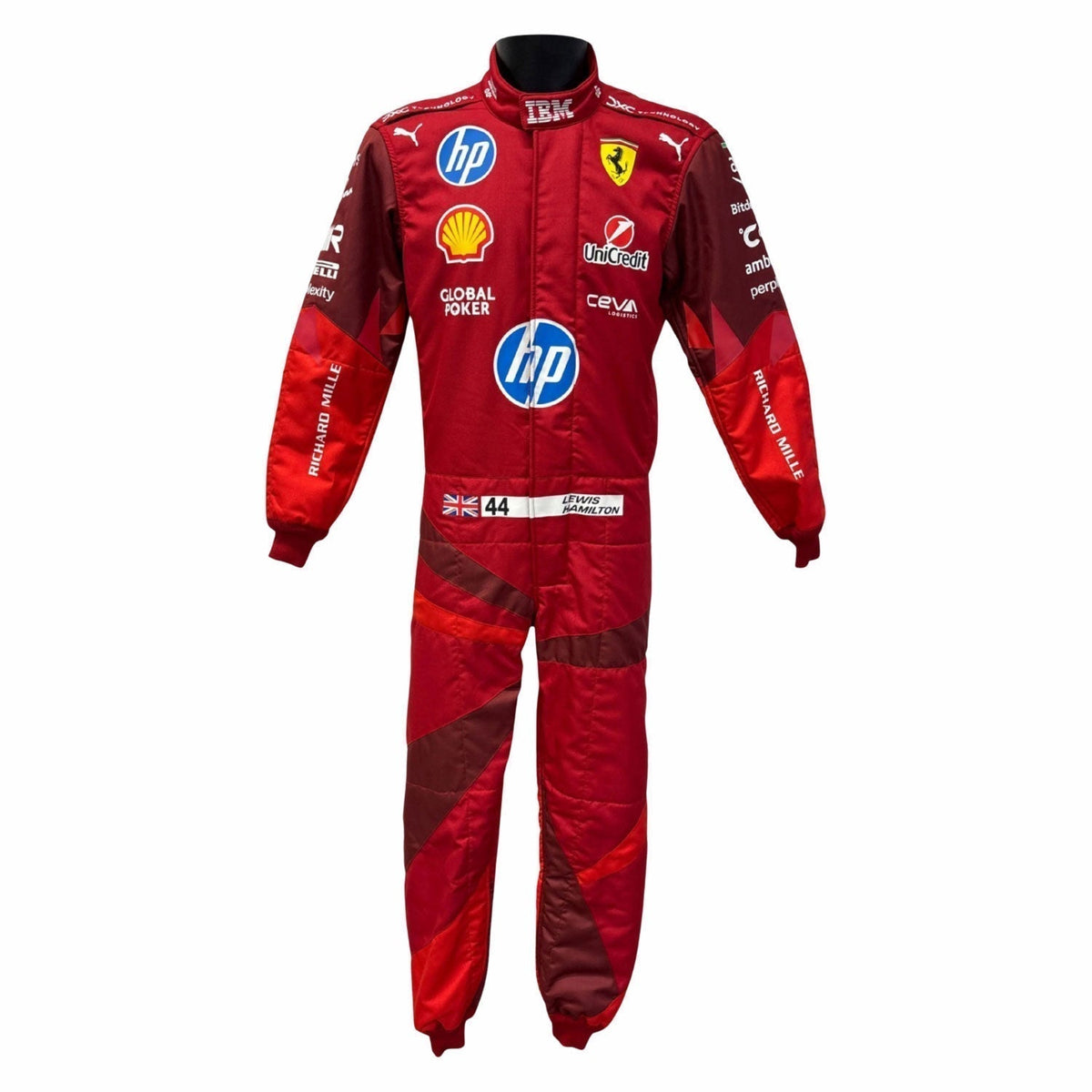 Lewis Hamilton inspired motorsport jumpsuit, shown as a complete two-layer racing costume ready for fans and karters. A bold motorsport jumpsuit that makes a great cosplay outfit on grand prix weekend.