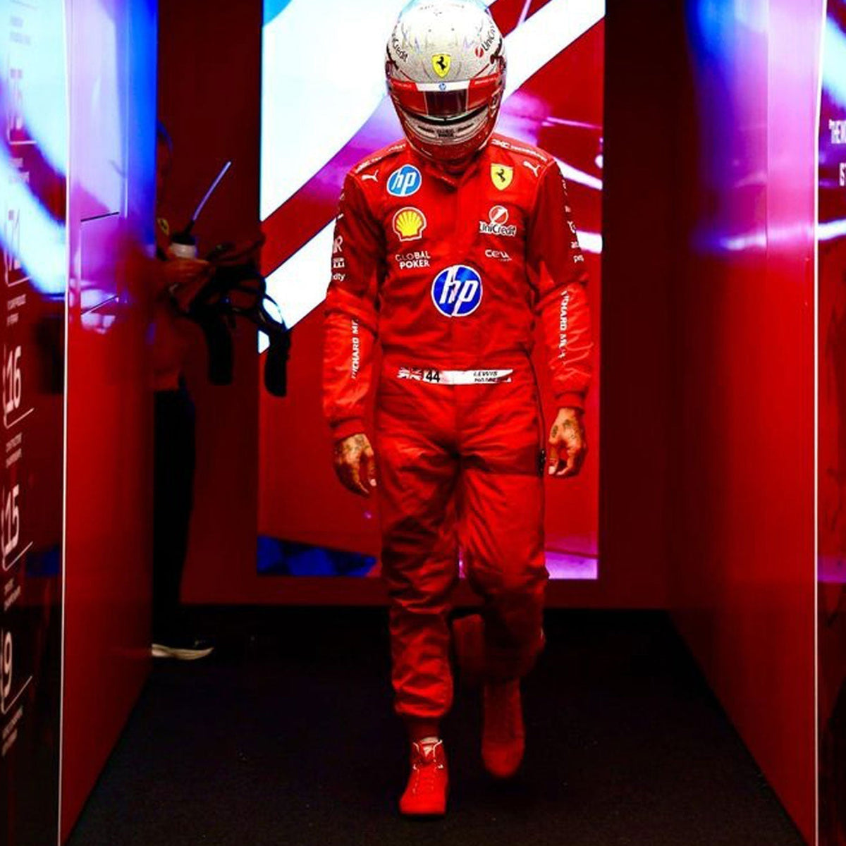 Printed Ferrari 2025 racing outfit for Lewis Hamilton fans, highlighting bold colour blocking and crisp sublimated artwork. A head-turning cosplay outfit for F1 conventions, parties and race day meetups.