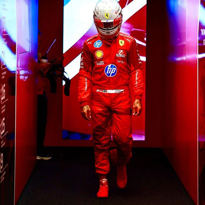 Printed Ferrari 2025 racing outfit for Lewis Hamilton fans, highlighting bold colour blocking and crisp sublimated artwork. A head-turning cosplay outfit for F1 conventions, parties and race day meetups.