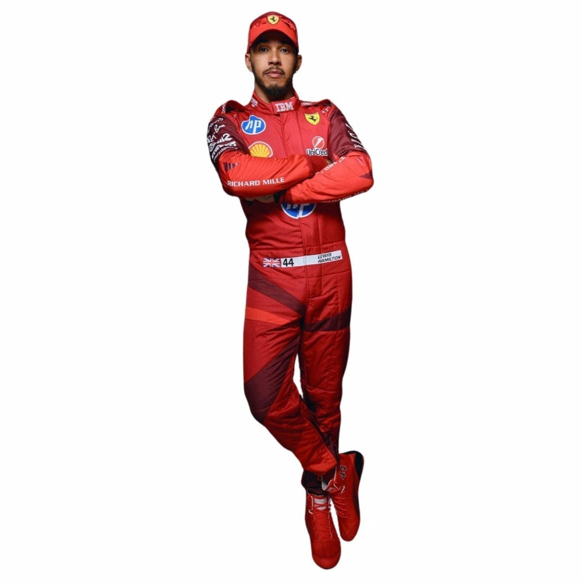 Racing Suit Lewis Hamilton 2025 Vegas Grand Prix in Ferrari race styling, featuring layered stripes, driver name styling and contrast panels. Stylish racing attire for fans who want to dress like the grid on grand prix weekend.