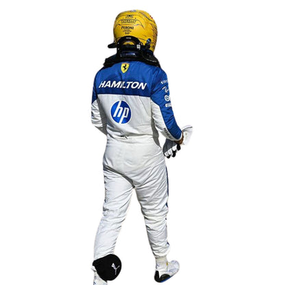 Lewis Hamilton 2025 Miami GP grand prix suit, showcasing the full-length zip, shoulder epaulettes and race-day silhouette. A standout motorsport cosplay outfit and gift for any fan, karter or collector.