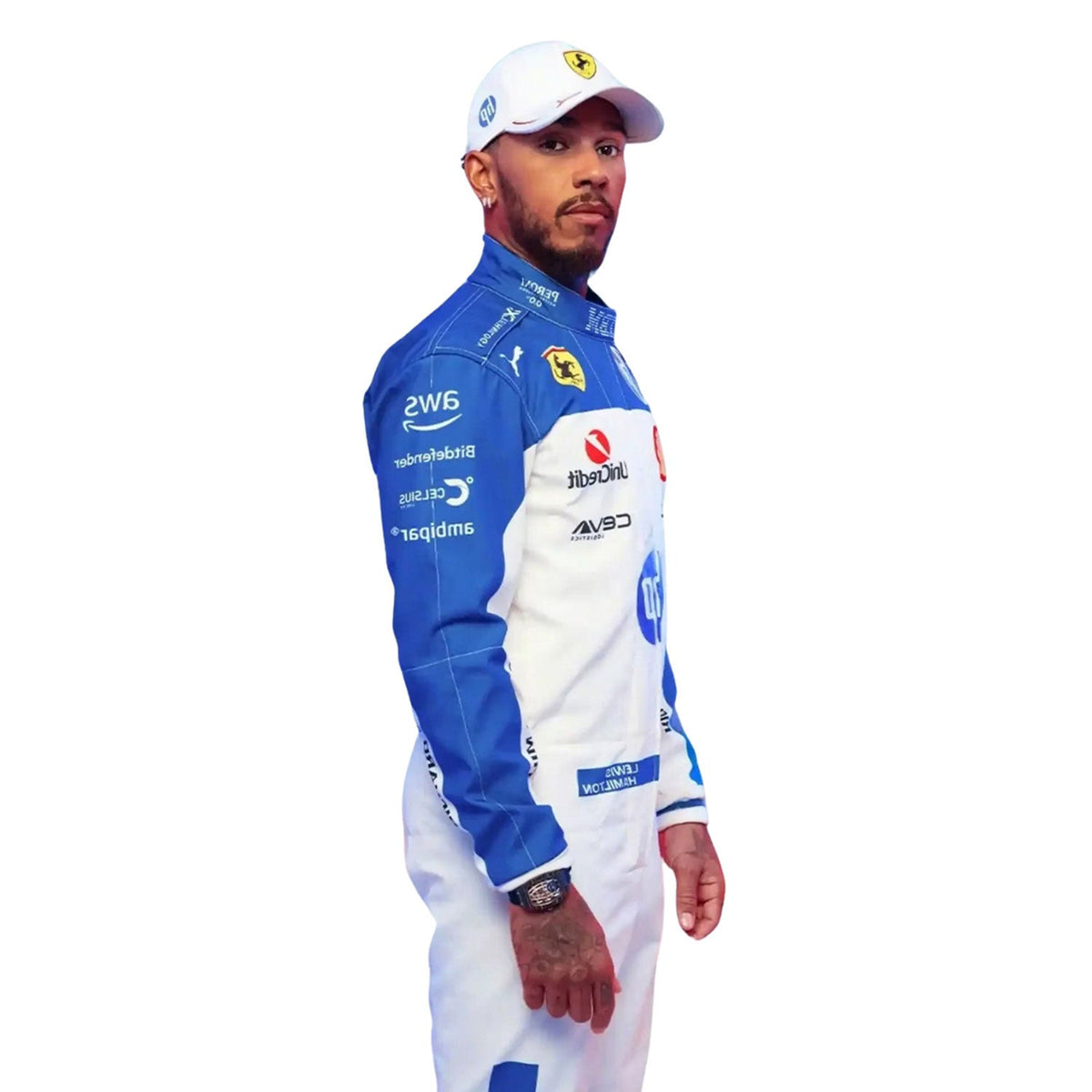 Replica Racing Jumpsuit Lewis Hamilton Miami GP 2025 in Ferrari race styling, presented with detailed logo placement along the arms and legs. Racing attire built to turn heads in the grandstand, at the kart track or at a costume event.