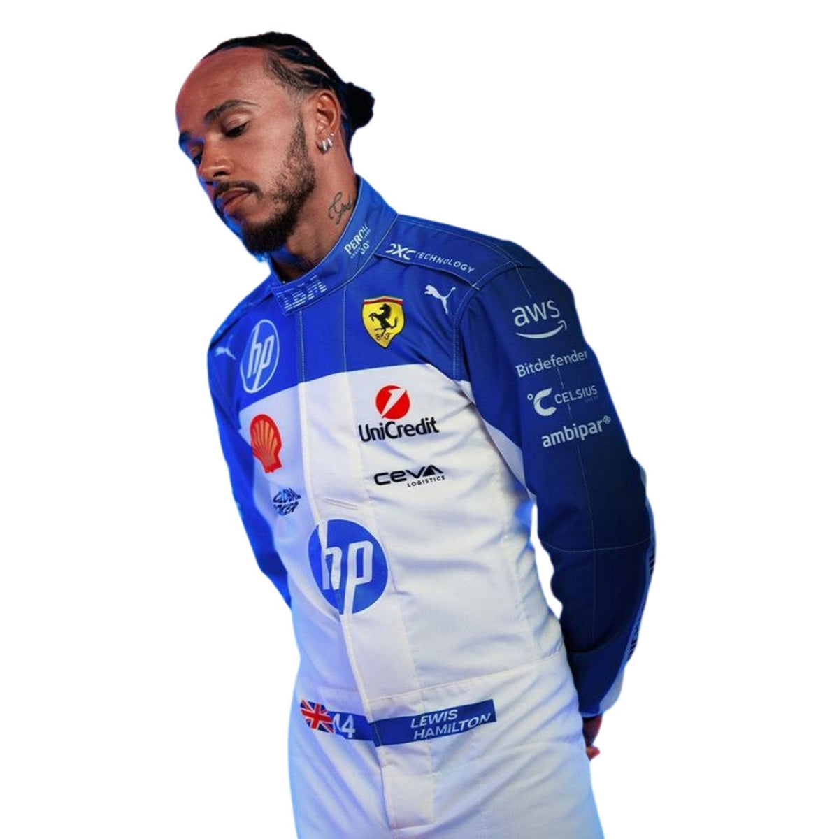 Lewis Hamilton inspired motorsport jumpsuit, revealing the flexible elastic panel and tailored motorsport fit. Stylish racing attire for fans who want to dress like the grid on grand prix weekend.