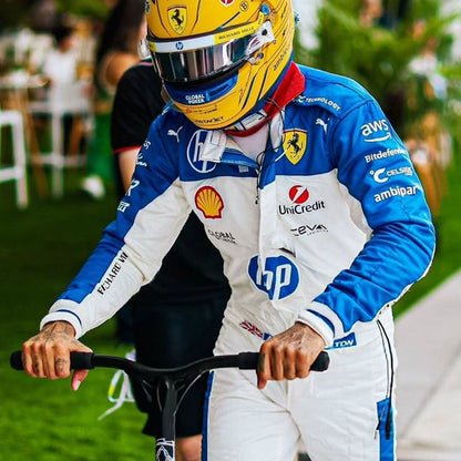 Lewis Hamilton 2025 Miami GP grand prix suit, showing sharp sponsor-style graphics across the chest and sleeves. A head-turning cosplay outfit for F1 conventions, parties and race day meetups.