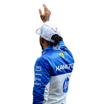 Ferrari race suit worn in Lewis Hamilton style, featuring layered stripes, driver name styling and contrast panels. Stylish race day attire made for race weekends, kart track days and cosplay events alike.