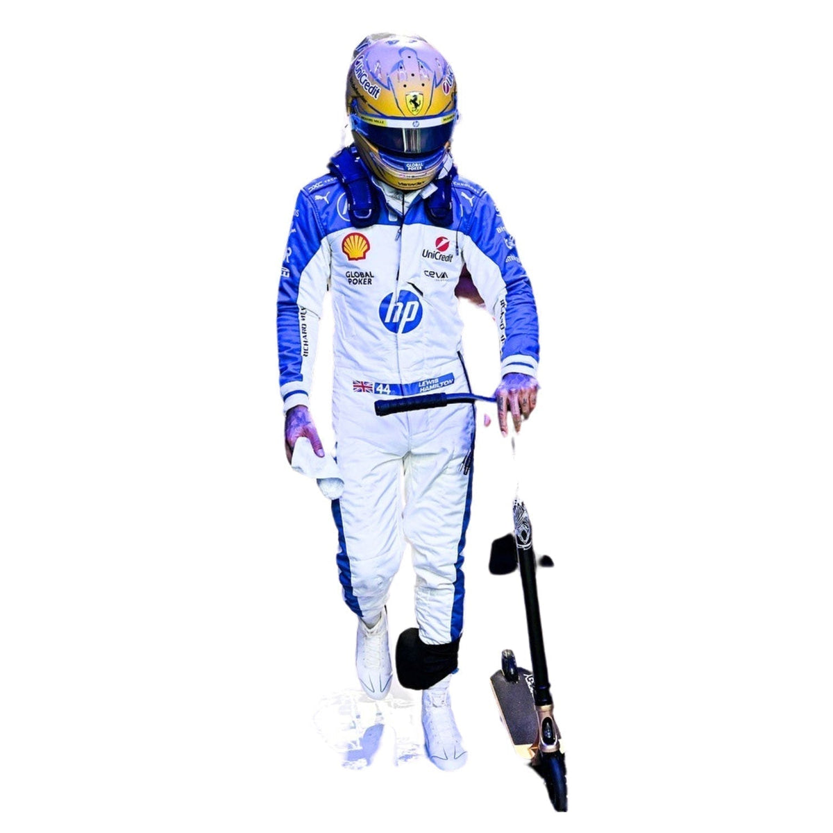 Lewis Hamilton 2025 fan race suit, shown as a complete two-layer racing costume ready for fans and karters. An eye-catching cosplay outfit for watch parties, track days and motorsport meetups.