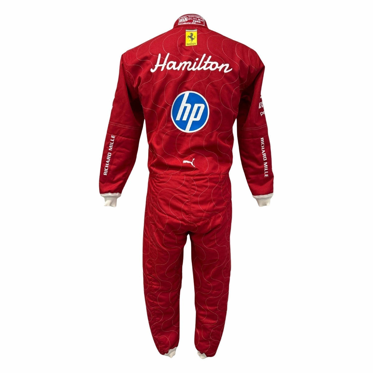 Lewis Hamilton 2025 fan race suit, laid out to show the printed racing number, belt panel and stretch inserts. An eye-catching cosplay outfit for watch parties, track days and motorsport meetups.