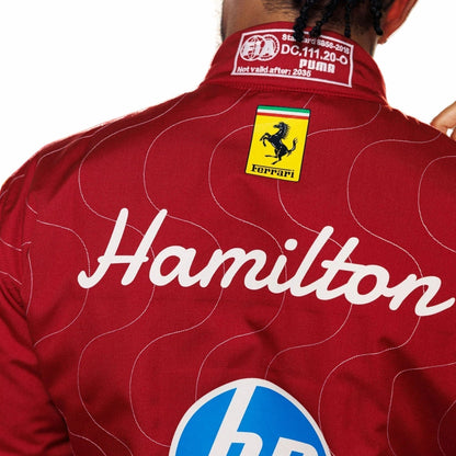 Printed Ferrari 2025 racing outfit for Lewis Hamilton fans, highlighting bold colour blocking and crisp sublimated artwork. Ideal F1 fan attire for supporters who want to wear the spirit of the grid on race day.