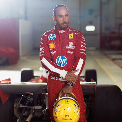 Lewis Hamilton 2025 Italian GP Monza grand prix suit, displaying the fitted one-piece cut with elasticated cuffs and a soft collar. A head-turning cosplay outfit for F1 conventions, parties and race day meetups.