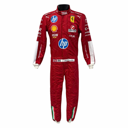 Ferrari race suit worn in Lewis Hamilton style, showing sharp sponsor-style graphics across the chest and sleeves. Stylish race day attire made for race weekends, kart track days and cosplay events alike.