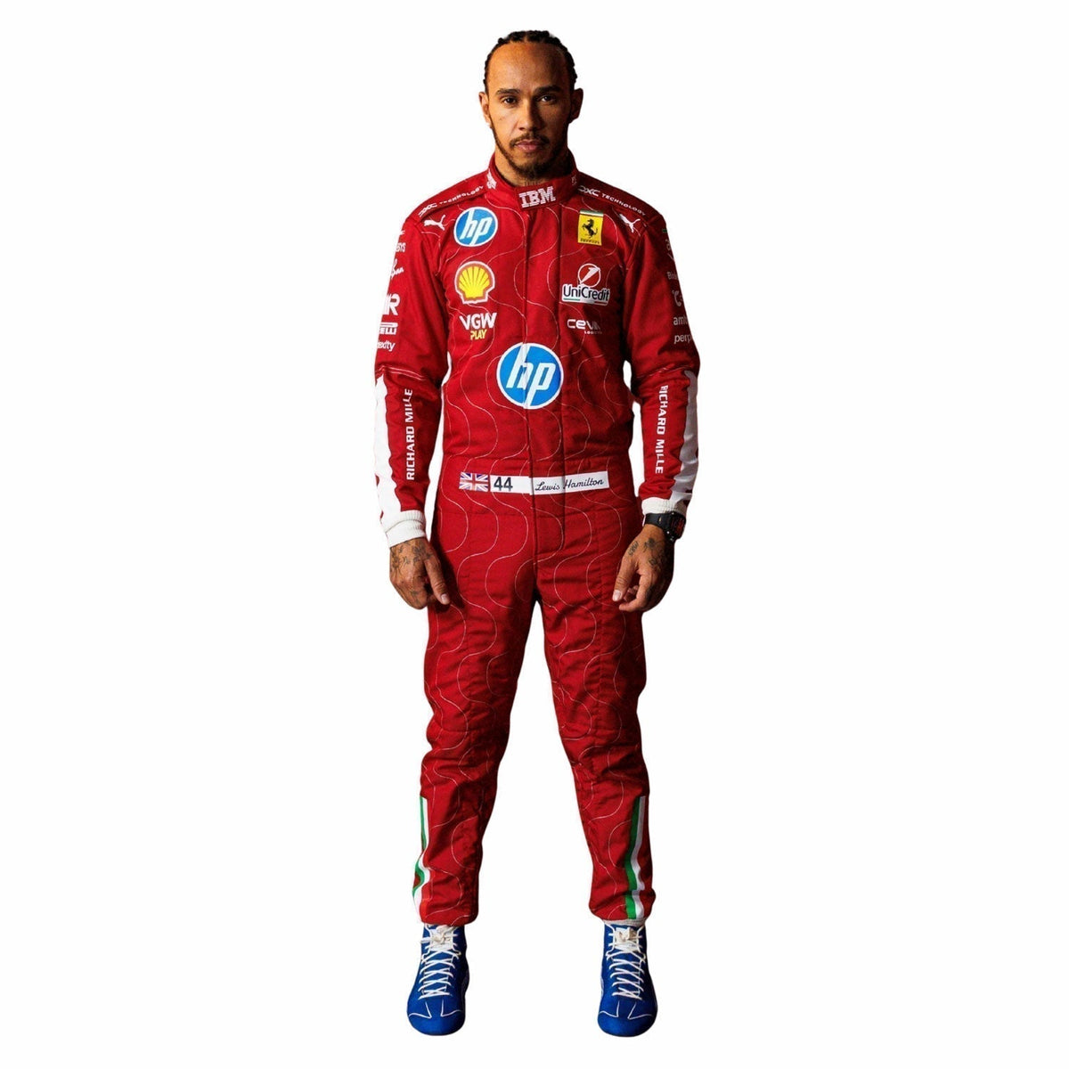 Lewis Hamilton Race Suit Italian GP Monza 2025 in Ferrari race styling, capturing the smooth Cordura outer shell and clean printed finish. A bold motorsport jumpsuit that makes a great cosplay outfit on grand prix weekend.