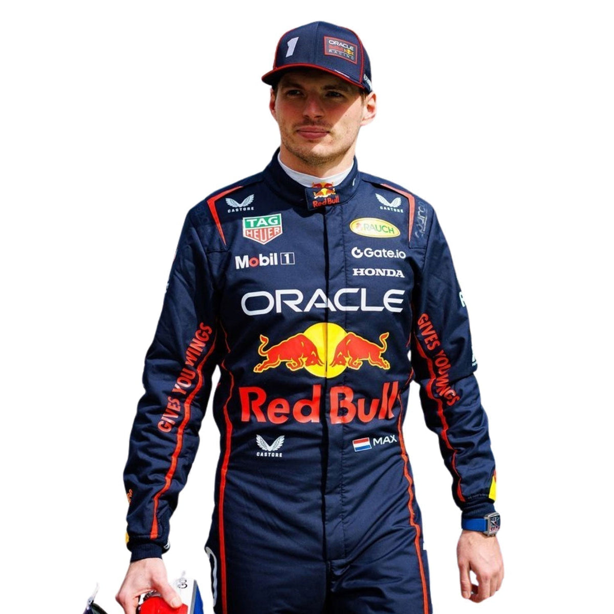 2025 Max Verstappen Replica F1 Racing Jumpsuit in Red Bull race styling, featuring layered stripes, driver name styling and contrast panels. Stylish racing attire for fans who want to dress like the grid on grand prix weekend.