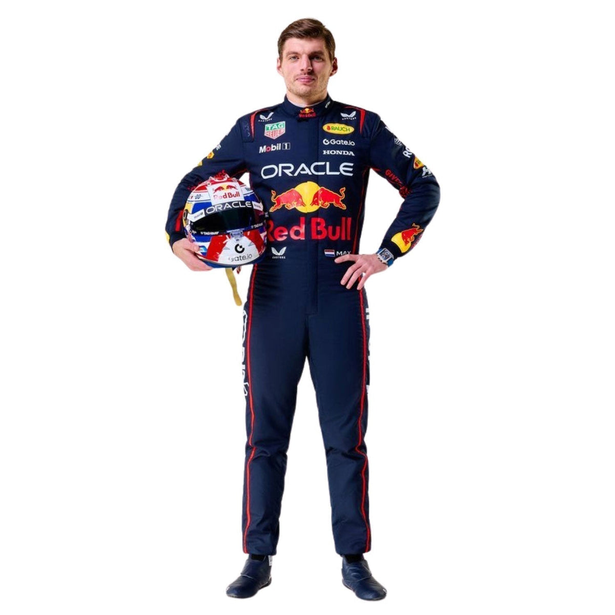 Max Verstappen 2025 season racing costume, shown as a complete two-layer racing costume ready for fans and karters. A bold motorsport jumpsuit that makes a great cosplay outfit on grand prix weekend.