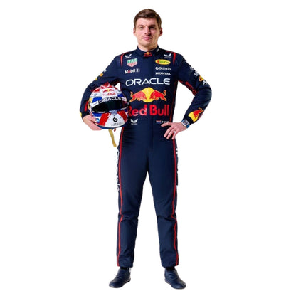 Max Verstappen 2025 season racing costume, shown as a complete two-layer racing costume ready for fans and karters. A bold motorsport jumpsuit that makes a great cosplay outfit on grand prix weekend.