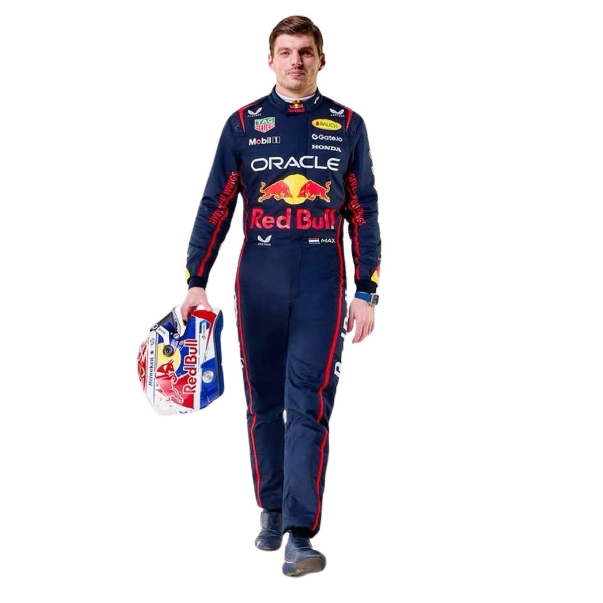 Red Bull race suit worn in Max Verstappen style, capturing the smooth Cordura outer shell and clean printed finish. Stylish race day attire made for race weekends, kart track days and cosplay events alike.