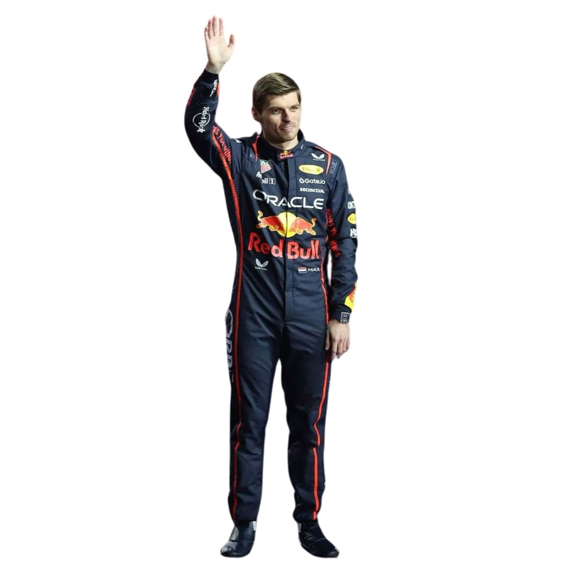 Printed Red Bull 2025 racing outfit for Max Verstappen fans, laid out to show the printed racing number, belt panel and stretch inserts. Ideal F1 fan attire for supporters who want to wear the spirit of the grid on race day.