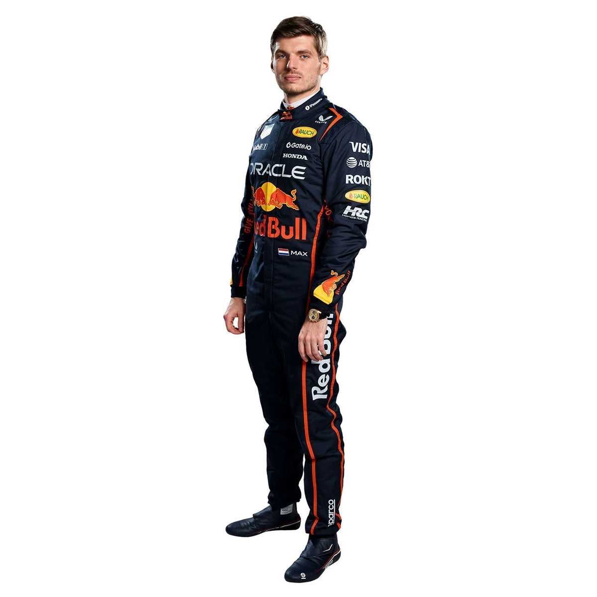 Max Verstappen 2025 fan race suit, showing sharp sponsor-style graphics across the chest and sleeves. An eye-catching cosplay outfit for watch parties, track days and motorsport meetups.