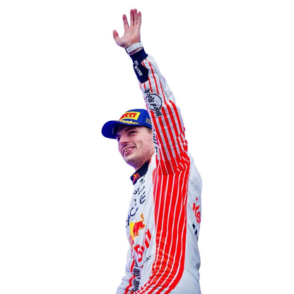 Red Bull race suit worn in Max Verstappen style, highlighting bold colour blocking and crisp sublimated artwork. An eye-catching cosplay outfit for watch parties, track days and motorsport meetups.