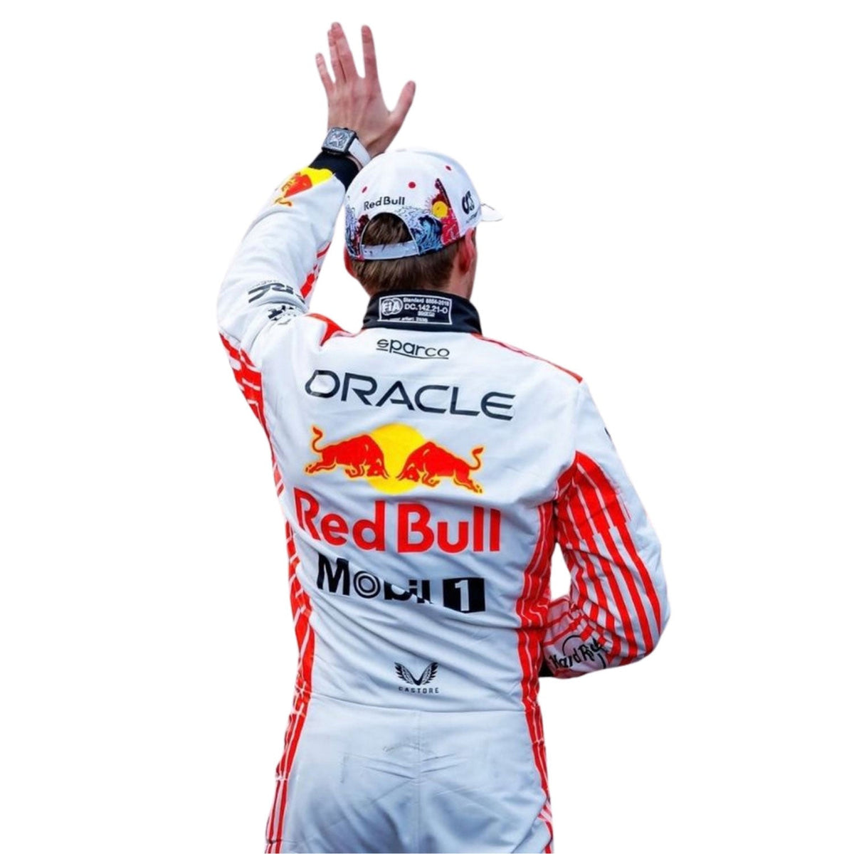 Max Verstappen 2025 fan race suit, displaying the fitted one-piece cut with elasticated cuffs and a soft collar. Ideal F1 fan attire for supporters who want to wear the spirit of the grid on race day.