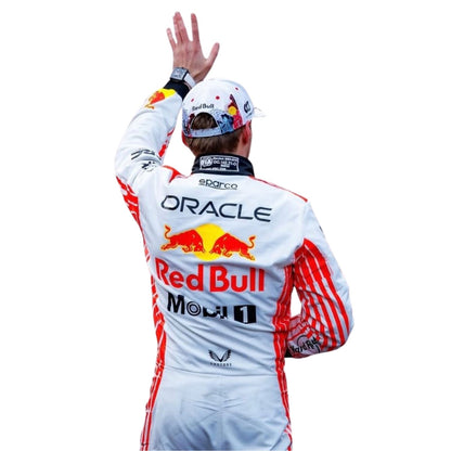 Max Verstappen 2025 fan race suit, displaying the fitted one-piece cut with elasticated cuffs and a soft collar. Ideal F1 fan attire for supporters who want to wear the spirit of the grid on race day.