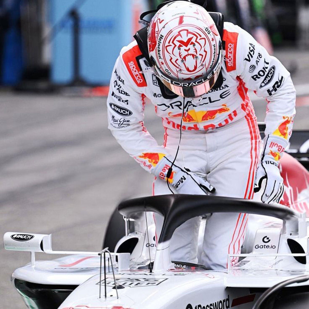 Max Verstappen inspired motorsport jumpsuit, revealing the flexible elastic panel and tailored motorsport fit. A great F1 cosplay outfit for fans heading to a grand prix, a karting session or a themed party.