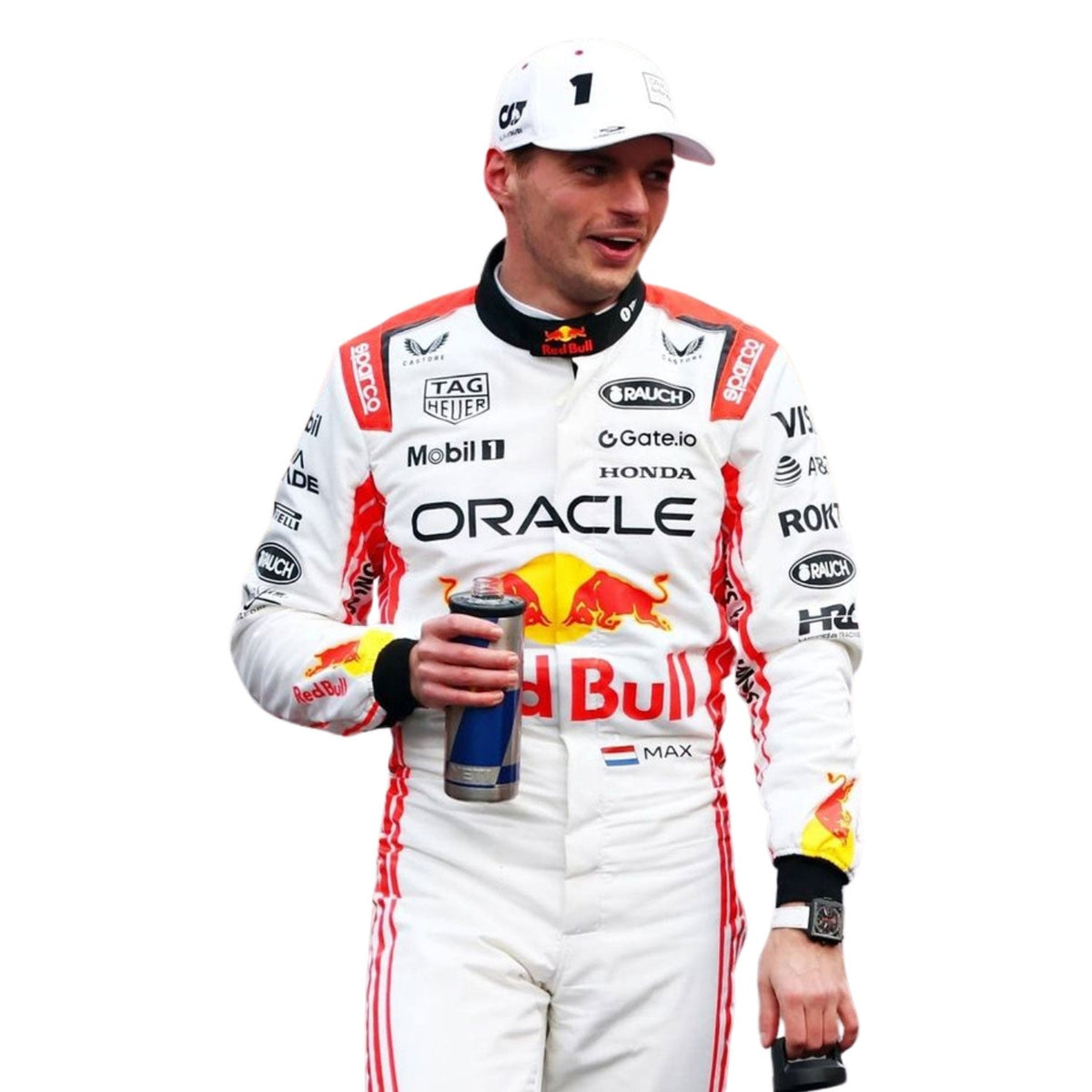 Printed Red Bull 2025 racing outfit for Max Verstappen fans, presented with detailed logo placement along the arms and legs. A head-turning cosplay outfit for F1 conventions, parties and race day meetups.