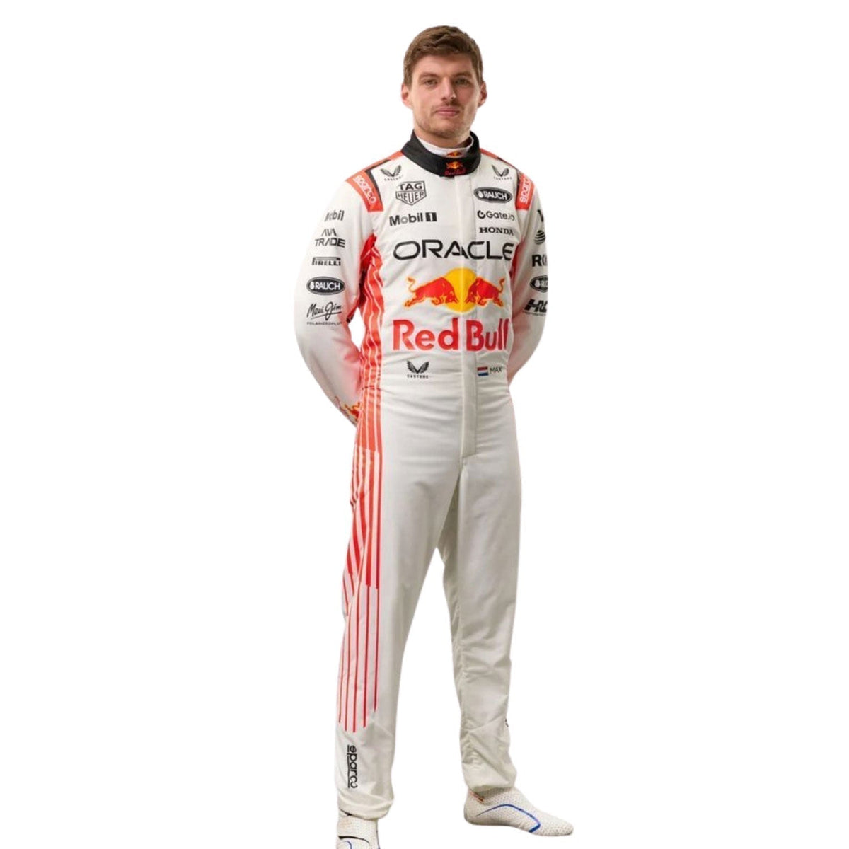 2025 Suzuka GP Max Verstappen Racing Costume in Red Bull race styling, laid out to show the printed racing number, belt panel and stretch inserts. Stylish race day attire made for race weekends, kart track days and cosplay events alike.