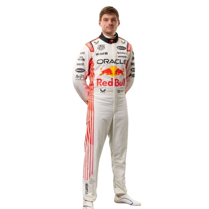 2025 Suzuka GP Max Verstappen Racing Costume in Red Bull race styling, laid out to show the printed racing number, belt panel and stretch inserts. Stylish race day attire made for race weekends, kart track days and cosplay events alike.
